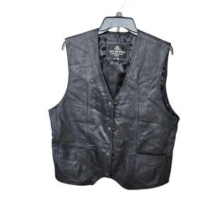 Oscar Piel Mens Black Genuine Leather Biker Vest American Flag Back Size M
